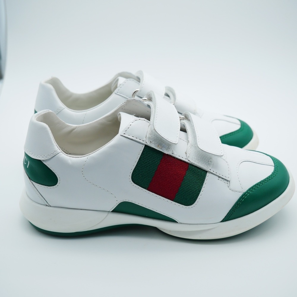 Gucci Kids Apollo White Leather Green Web Stripe Sneakers 772405 Size 28